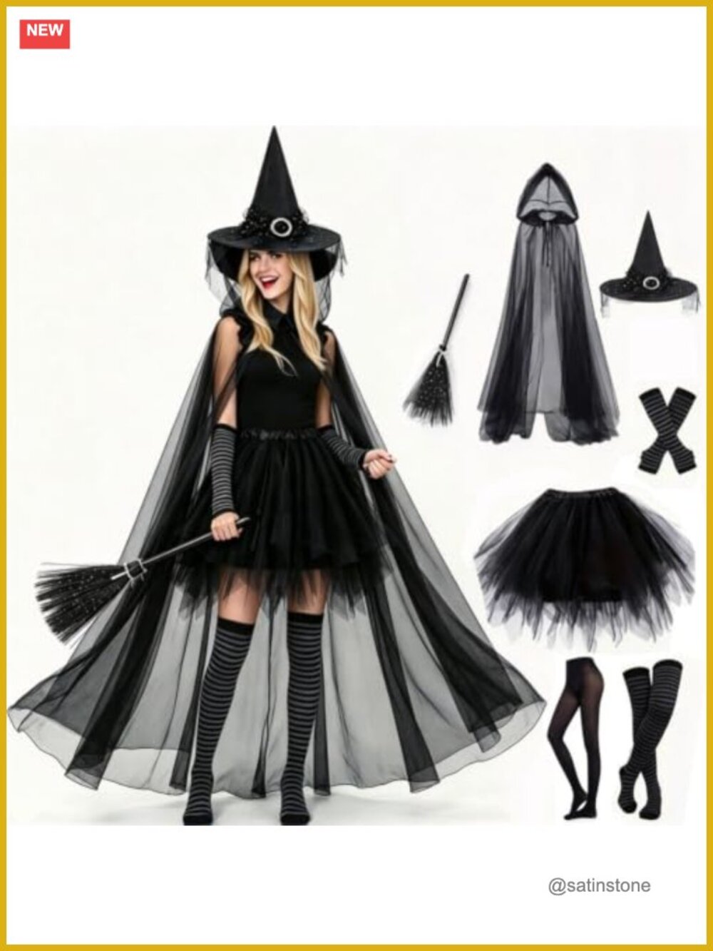 7pc Deluxe Witch Costume Set Tulle Cape Tutu Hat Broom Adult Halloween
